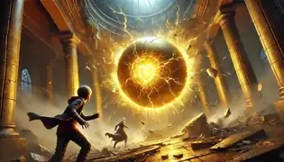 Una cámara en colapso con el Corazón Dorado desestabilizándose, Elias huyendo con un fragmento mientras Greta hace una valiente resistencia.