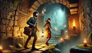 Elías y Greta entran en un túnel subterráneo oculto bajo Allenstein, cubierto de hiedra y musgo que brilla débilmente.
