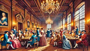 Una gran reunión formal en un salón inglés del siglo XVII, con una decoración elaborada y asistentes elegantemente vestidos.
