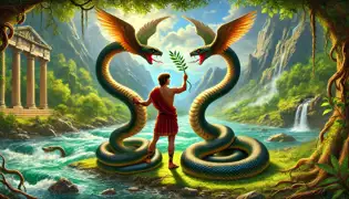 Hermes separando dos serpientes con una rama de olivo junto al río Alfeo, creando el icónico Caduceo.
