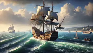 Un gran barco de madera en el mar, con miembros de la tripulación y una costa lejana al fondo, que evoca un viaje oceánico histórico.