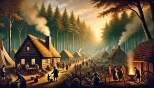 Un asentamiento del siglo XVII rodeado de bosques, que muestra la vida cotidiana en una colonia del Nuevo Mundo.