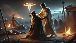 Hermes guiando al rey Príamo a través de un campo de batalla troyano bajo el resplandor del Caduceo, entre las ruinas y las tiendas.