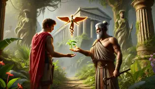 Hermes le entrega la planta de moly a Odiseo, con el palacio de Circe de fondo, preparándolo para resistir su magia.