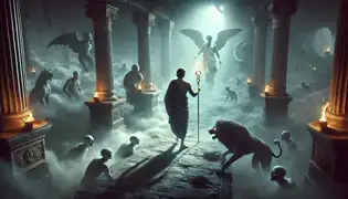 Hermes en el inframundo, sosteniendo el radiante caduceo, apaciguando a Cerbero y guiando a las almas.