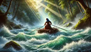 Laleh navegando un río rugiente en una balsa improvisada, rodeada de un espeso bosque y con neblina ascendiendo del agua.