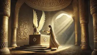 Laleh colocando la Corona Alada sobre un pedestal en un santuario sereno, bañado por los cálidos rayos del sol.