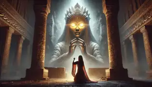 Laleh está de rodillas frente a la resplandeciente estatua del Simurgh, dentro de un magnífico templo abandonado bañado por una luz dorada.