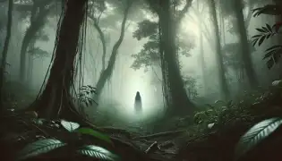 Una figura fantasmal de María Makiling caminando por un denso y nebuloso bosque, rodeada de altos árboles y gruesas enredaderas.