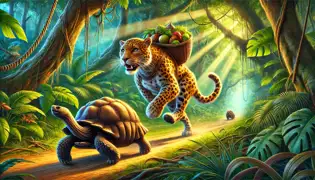 El leopardo corre a través de la jungla y encuentra a la tortuga delante en el camino.