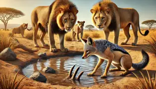 Un chacal dejando marcas de garras y pelaje cerca de un abrevadero para engañar a los leones en la sabana senegalesa.