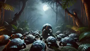 La tortuga le explica su plan a su familia bajo la luz de la luna en la jungla del Congo.