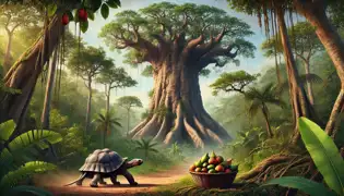 La tortuga descansa bajo el árbol baobab mientras el agotado leopardo llega.