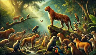 El leopardo se jacta ante los animales en un claro de la selva, erguido orgullosamente sobre una roca.
