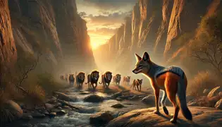 Un chacal guiando a unos leones a través de un estrecho desfiladero al amanecer, bajo acantilados rocosos en la sabana africana.