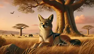 Un chacal descansando bajo un árbol de baobab en la sabana africana durante el atardecer, irradiando triunfo e ingenio.