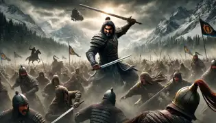 Kurmanbek guía a sus guerreros hacia la batalla contra el ejército de Kanybek en un caótico valle montañoso.