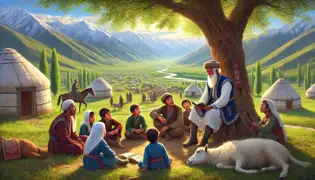 Un anciano Kurmanbek comparte historias con niños y ancianos bajo un árbol en un tranquilo pueblo kirguís.