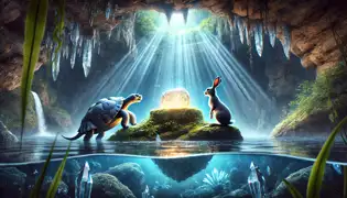 Kalulu und Chikondi bewundern ein leuchtendes Relikt in einer Unterwasserhöhle, die mit Kristallen und Pflanzen geschmückt ist.