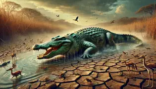 El poderoso cocodrilo emerge del menguante río Zambezi, sus escamas esmeralda brillando bajo un cielo brumoso.