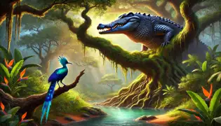 El radiante Pájaro Lluvia y el imponente Cocodrilo se enfrentan frente al sagrado árbol Marula, rodeados de exuberante vegetación.