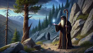 Timur se encuentra con un anciano en un sendero montañoso, sosteniendo un vial resplandeciente bajo un cielo crepuscular, rodeado de pinos.