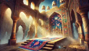 El palacio en ruinas, adornado con mosaicos brillantes y una alfombra encantada sobre una plataforma, bañado por la luz del sol.