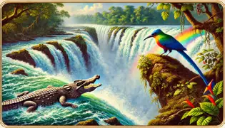 El pájaro del agua y el cocodrilo junto a una cascada rugiente, con el cocodrilo mirando fijamente las aguas turbulentas que fluyen abajo.
