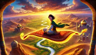 Timur volando en la alfombra mágica sobre los desiertos, valles y ríos de Uzbekistán, bajo un cielo teñido por el ocaso.