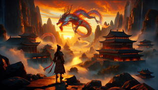 Uma cena dramática em um platô com um guerreiro duelando contra um magnífico dragão iridescente ao entardecer.