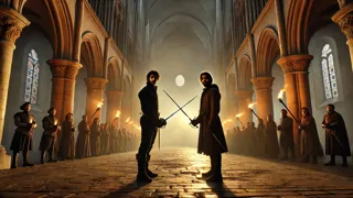 D’Artagnan y Athos empuñan sus espadas bajo los majestuosos arcos de la catedral.
