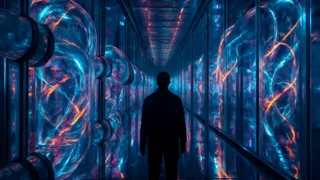 Un túnel de conductos de datos resplandecientes que reflejan una luz infinita