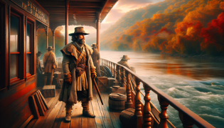 Davy Crockett se encuentra en una plataforma de madera que da al vibrante Mississippi, adornado con los colores del otoño.