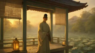 Príncipe en el pabellón azur durante el amanecer en el palacio de Heian