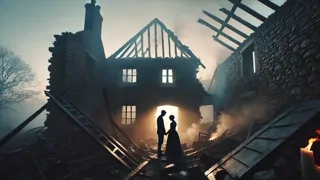 El amanecer ilumina las ruinas de una antigua cabaña de piedra, con humo elevándose en el aire.