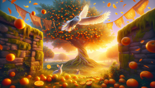 Un búho volando sobre un huerto naranja brillante al amanecer, con las alas extendidas.