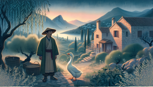A serene morning scene in an ancient Greek village with a humble farmer and his mystical goose under soft dawn light.