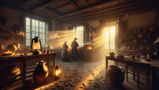 El primer destello del amanecer en una cocina argentina, un gaucho y su esposa se encuentran rodeados de huellas en sentido contrario en el suelo de tierra.