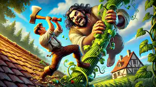 Jack cortando la planta de frijoles mientras el gigante desciende.