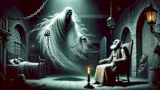 El fantasma de Marley, encadenado, se presenta ante Scrooge en su oscura habitación.