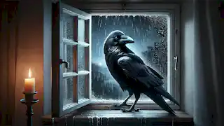 Un gran cuervo negro se posó en el alféizar de una ventana durante una noche tormentosa, mientras la lluvia golpeaba con fuerza el cristal.