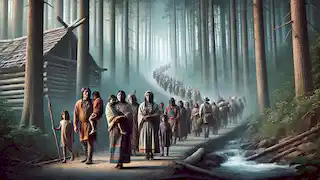Los pueblos cherokee caminando a través de un denso bosque, iniciando el Sendero de Lágrimas.