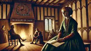 A menina mais velha conta suas origens para os aldeões curiosos, ao lado da lareira em um cômodo medieval iluminado de forma acolhedora.