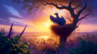 El pájaro Bennu, alto en su nido, rodeado de hierbas, frente al sol poniente sobre el río Nilo.
