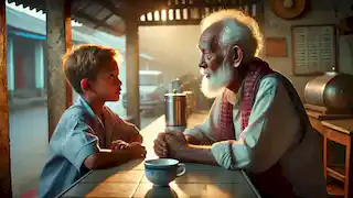 El anciano habla pensativamente con el niño en el mostrador del café, compartiendo su sabiduría sobre el amor en la tranquila mañana.