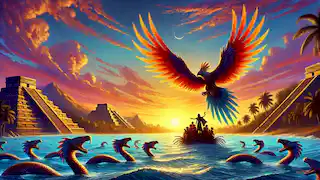 Quetzalcóatl en una balsa de serpientes se desliza sobre aguas bajo un vibrante atardecer, con pirámides y una multitud afligida en la distancia.