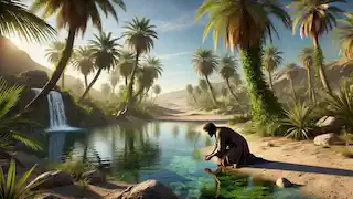 Dariush se ajoelha em um tranquilo oásis no deserto, bebendo água enquanto um velho observa das sombras.