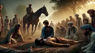 Los aldeanos encuentran a Rostam herido y a su caballo en un claro del bosque al amanecer, expresando reverencia y tristeza.