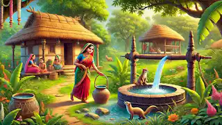 Lakshmi holt Wasser aus dem Brunnen, während der Mungo auf das Baby aufpasst.