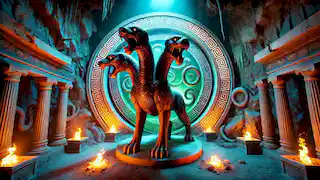 Cérbero, custodiando las puertas del Hades, con tres cabezas, una cola de serpiente y brasas brillantes que iluminan el terreno rocoso.